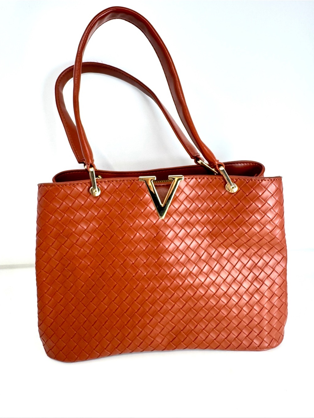 Grossi Cognac Brown Woven Faux Leather Satchel Bag – Gold V Accent – EUC